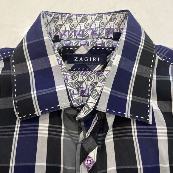 Zagiri Mens L Purple Black Plaid Button Up Flip Cuffs Embroidered Stich Shirt - Picture 6 of 11